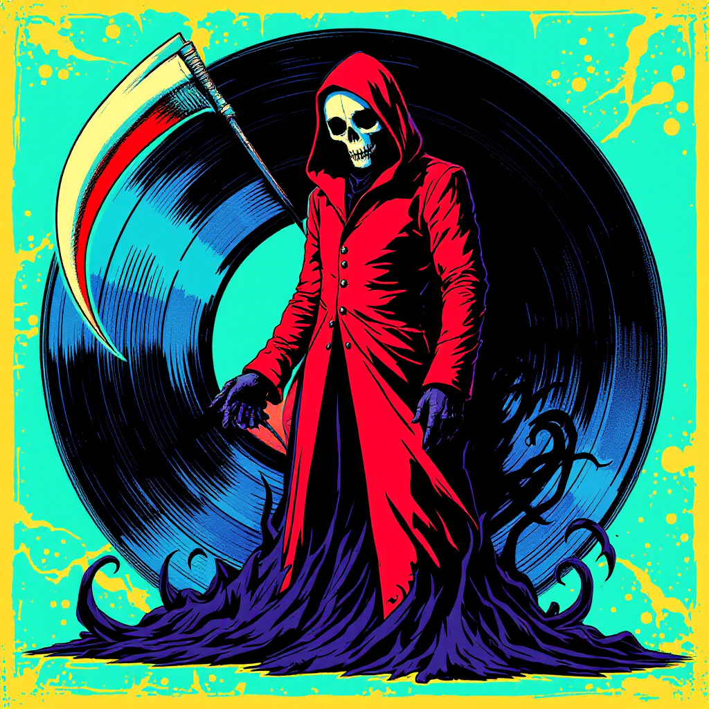 A skeletal figure in a flowing red robe stands before a vinyl record, holding a scythe, embodying the quote I am the Reaper and death is my shadow, against a vibrant turquoise background.