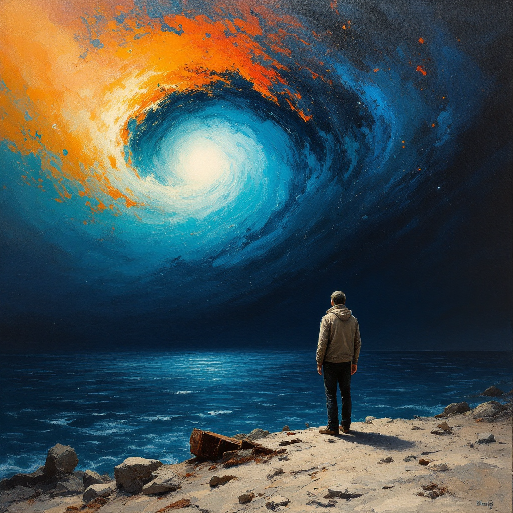 A figure stands on a shore, gazing at a vibrant swirling sky of blues and oranges, embodying the complex beauty of understanding failure as a form of victory.