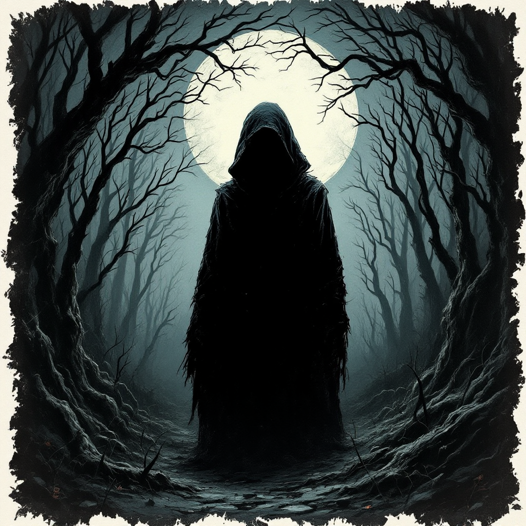 A dark figure in a shadowy forest stands under a full moon, embodying the haunting themes that suggest worse things than solitude may lurk in the night.