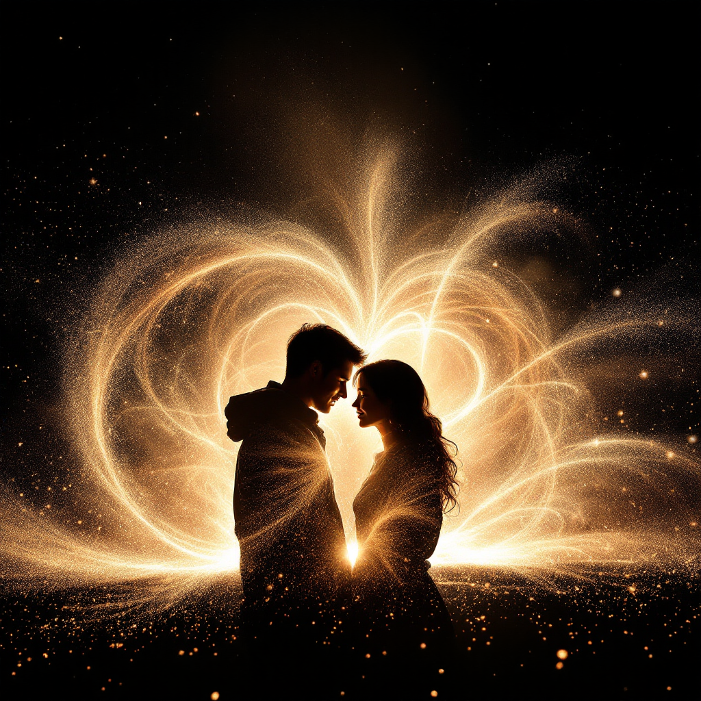 A silhouette of two people leaning in for a kiss, surrounded by a swirling, luminous aura, symbolizing deep connection and unity, reflecting the essence of friendship and support.