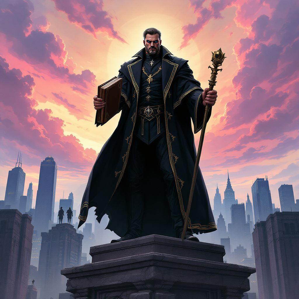 A man in a dark cloak stands atop a pedestal, holding a book and staff, against a dramatic sunset backdrop, embodying the quote: The law is the law; the man is the man.