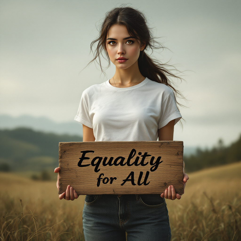 A young woman stands in a grassy field holding a wooden sign that reads Equality for All, embodying the courage to stand up for her beliefs.