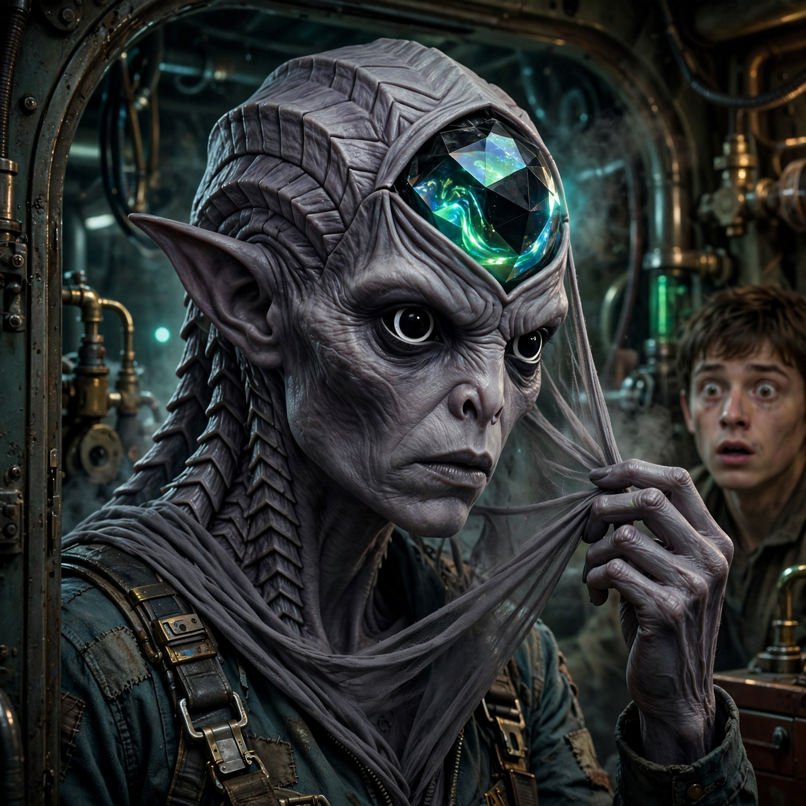 A slender, grayish-purple-skinned mechanic with a multifaceted black core eye embedded in her forehead, chevron ridges instead of hair, and finely muscled fingers, emerging from an engine room.