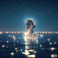 A serene young woman immersed in sparkling water, illuminated by stars above, symbolizes the quote about choosing our responses to life's circumstances.