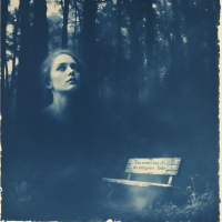 A woman stands alone in a dark forest, fading into the shadows, next to a glowing bench with the quote: We’re all born strangers to ourselves and each other.