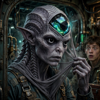 A slender, grayish-purple-skinned mechanic with a multifaceted black core eye embedded in her forehead, chevron ridges instead of hair, and finely muscled fingers, emerging from an engine room.