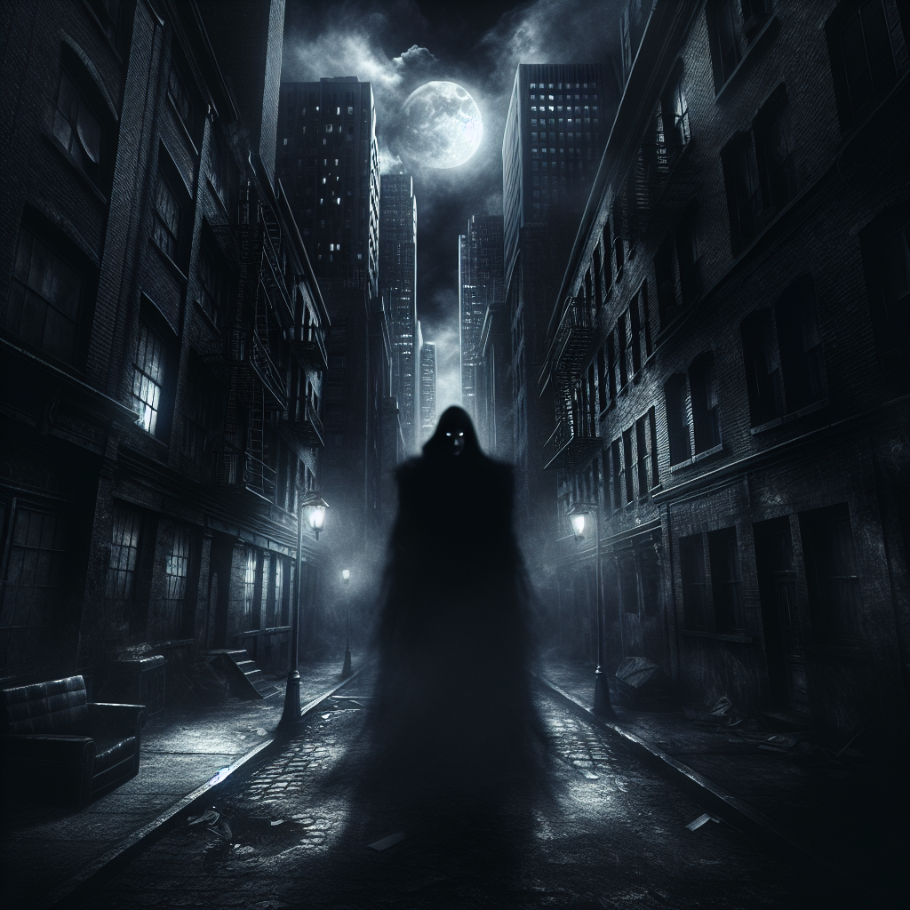 A shadowy figure stands in a dark, foggy alleyway under a full moon, embodying the quote: Of all the dark, obstructive, enigmatic souls I had met in this bleak city, his was the darkest.