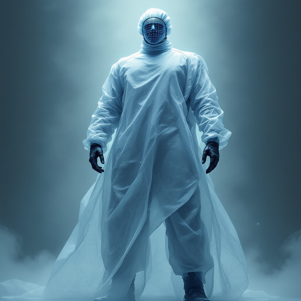 A towering figure in a surgical cap and mask stands ominously, dressed in a flowing surgeon's gown, creating an eerie atmosphere in a misty setting.