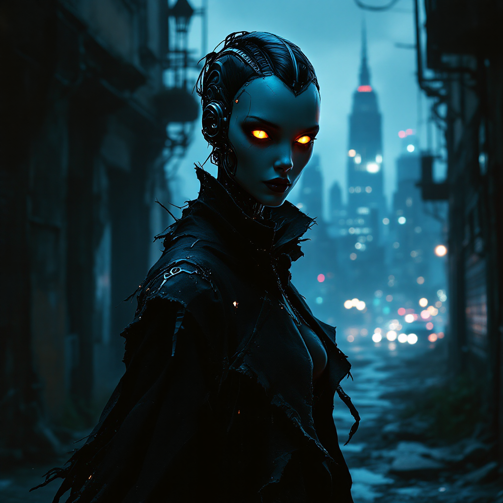 A striking figure with glowing eyes stands in a dark, urban alley, embodying the haunting emotions of a quote about love and loss: You can't make me fall for you and then die.