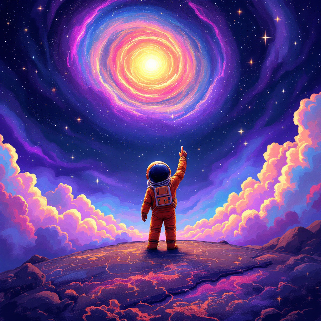 An astronaut stands on a colorful landscape, pointing towards a radiant cosmic swirl above, embodying the journey of self-discovery and exploration of the universe.