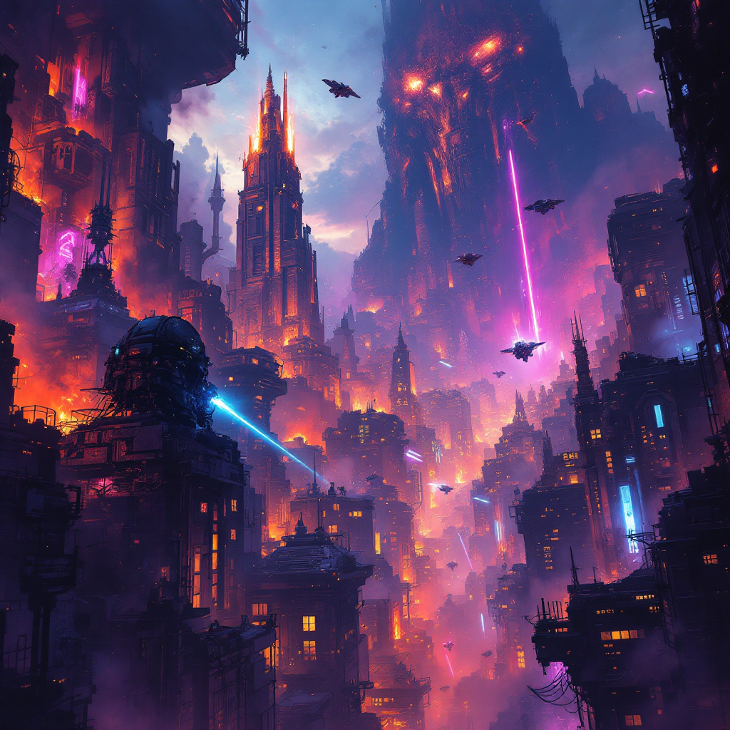 A vibrant, futuristic cityscape illuminated by colorful beams and explosions, depicting a fierce battle against a galactic threat, with towering structures and an intense atmosphere.