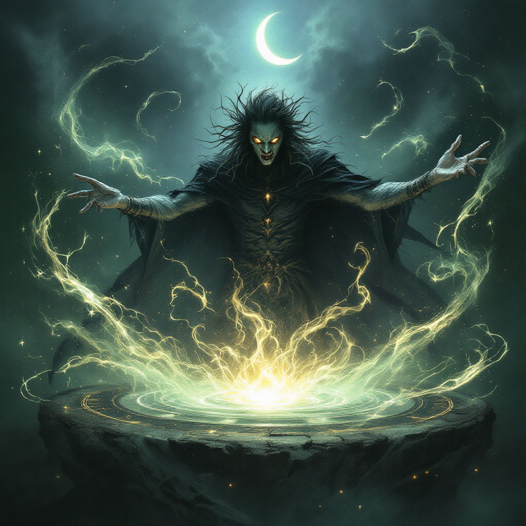 A mystical figure in dark robes stands over a glowing, swirling energy source, embodying themes of chaos and lost control against a backdrop of a crescent moon and stormy skies.