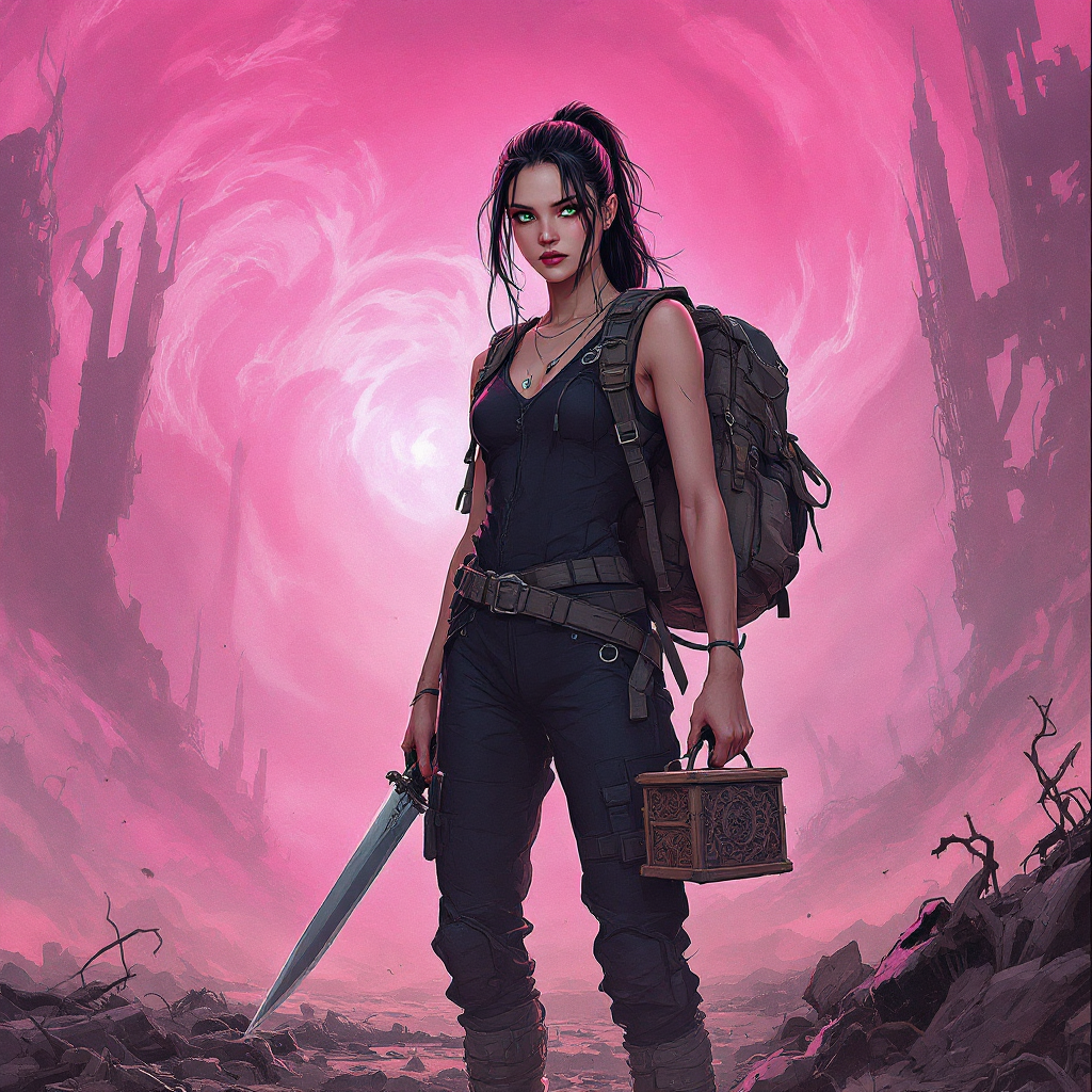 A determined woman stands confidently in a mysterious, swirling pink environment, holding a sword in one hand and a small box in the other, embodying the spirit of May the odds be ever in your favor.