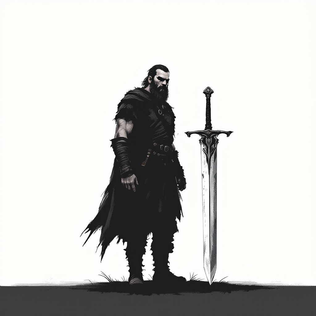 A strong warrior stands confidently next to a large sword, embodying the sentiment of choosing one's own weapon as stated in the quote about personal agency and choice.