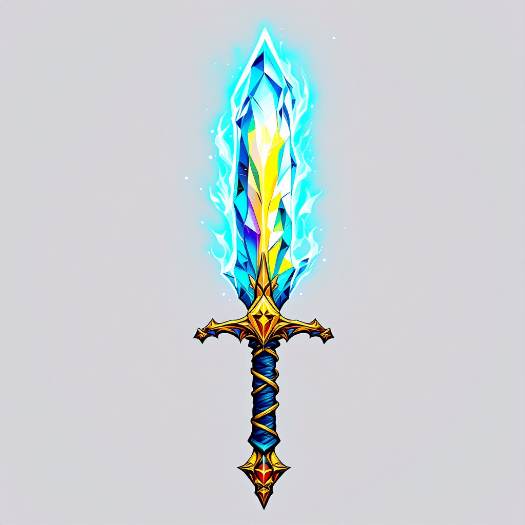 A glowing, ornate sword with a shimmering blade of blue and gold, symbolizing the duality of knowledge as a powerful force that can both save and destroy.