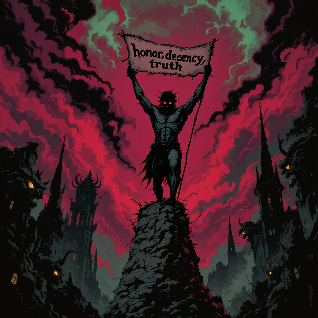 A dark, moody scene depicts a figure atop a rocky pedestal, defiantly holding a banner that reads honor, decency, truth, set against a backdrop of ominous skies and shadowy buildings.