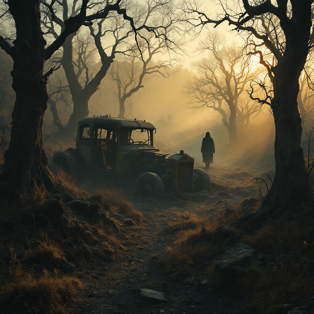 A misty landscape features a weathered, abandoned car beside a winding path, while a solitary figure walks through trees, evoking a blend of the extraordinary and the mundane in Area X.