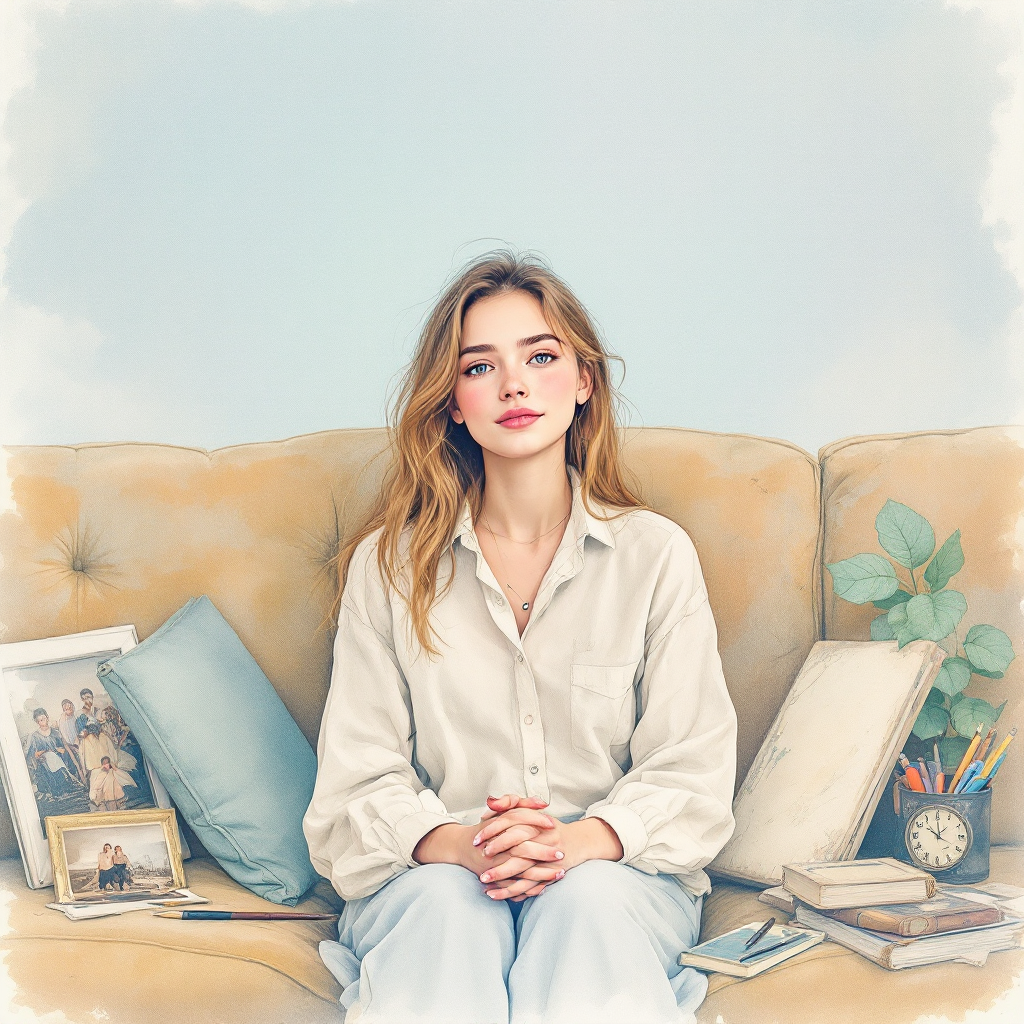 A young woman sits thoughtfully on a couch, surrounded by personal items and photographs, embodying the quote about art reflecting our inner lives and struggles.