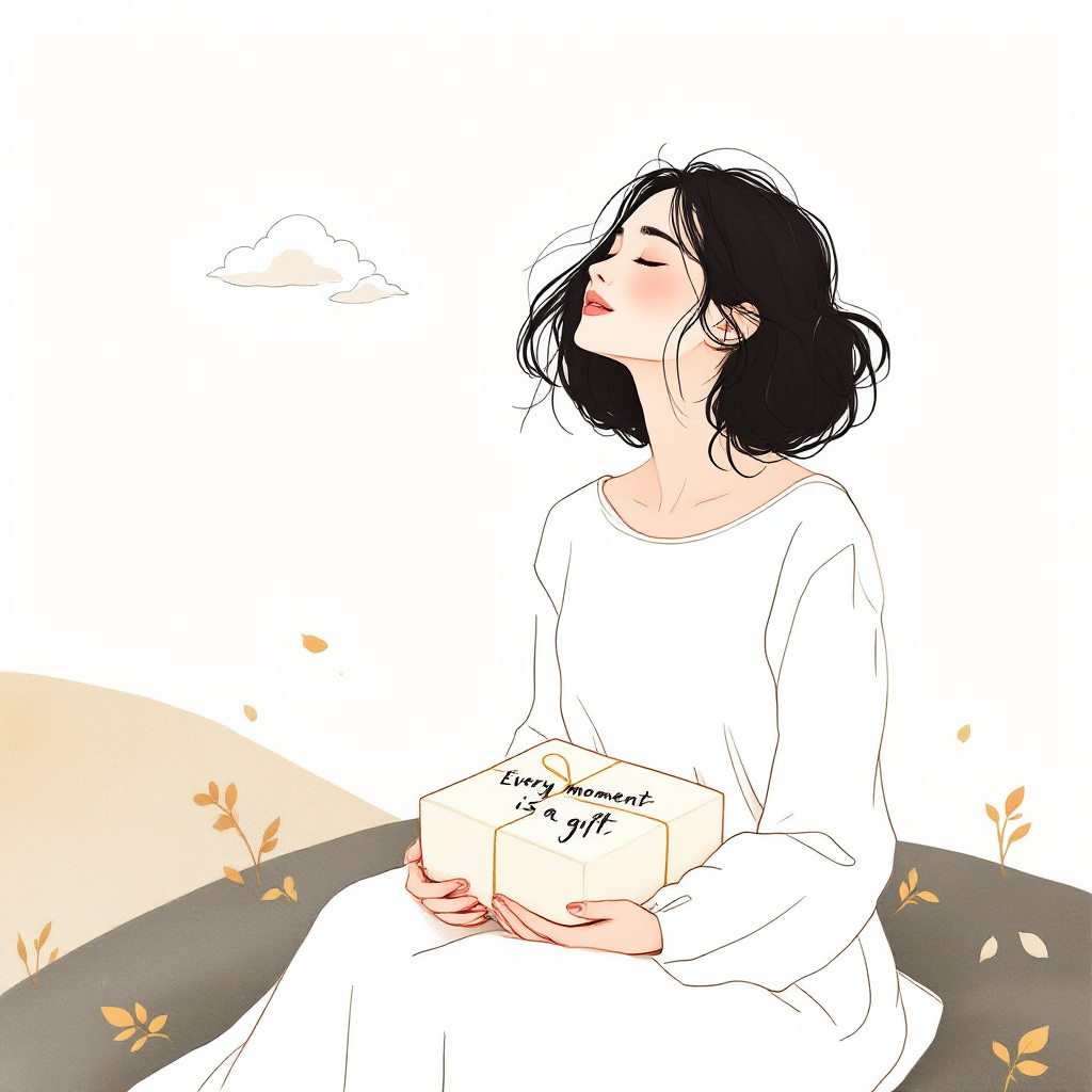 A contemplative woman sits with a gift box in her lap, embodying the quote Every moment is a gift, even if it’s wrapped in sorrow, amidst softly falling leaves and a serene sky.