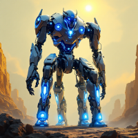 A towering robotic figure stands in a desert landscape, showcasing its metallic body and glowing blue accents, with eight flexible legs extended against a dramatic sunset.