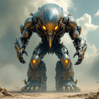 A towering robotic creature, eight to nine feet tall, with glowing amber eyes, a shiny face, and furry paws with long talons, stands on a trembling ground beneath a cloudy sky.