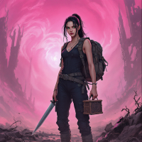 A determined woman stands confidently in a mysterious, swirling pink environment, holding a sword in one hand and a small box in the other, embodying the spirit of May the odds be ever in your favor.