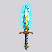 A glowing, ornate sword with a shimmering blade of blue and gold, symbolizing the duality of knowledge as a powerful force that can both save and destroy.