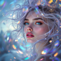 A close-up of a young woman with ethereal, flowing hair and striking blue eyes, surrounded by shimmering light, embodying the sentiment of feeling like a stranger to oneself.