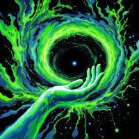 A vibrant, swirling cosmic vortex in green and blue, with a luminous blue orb at its center, while a hand reaches towards it, symbolizing connection and gravity.