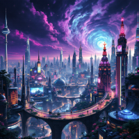 A vibrant, futuristic cityscape under a swirling, cosmic sky, showcasing towering spires and intricate bridges, each element hinting at unique stories untold.