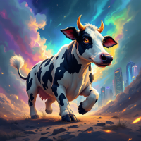 A determined and stylized cow strides confidently through a vibrant landscape, with glowing skies and distant city buildings, embodying the spirit of action and purpose.