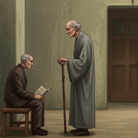 An elderly, tall man in a long grey robe stands with a cane, his thin, distinguished, careworn face showing kindness as he looks toward a seated man reading a book.