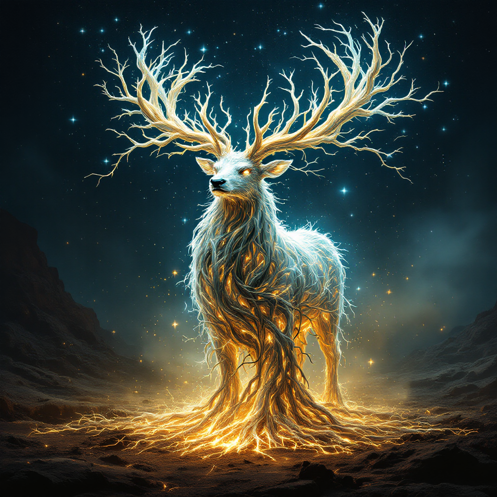 A luminous, ethereal stag with glowing antlers and intertwining roots stands in a mystical landscape, evoking the magic of the spell Expecto Patronum.