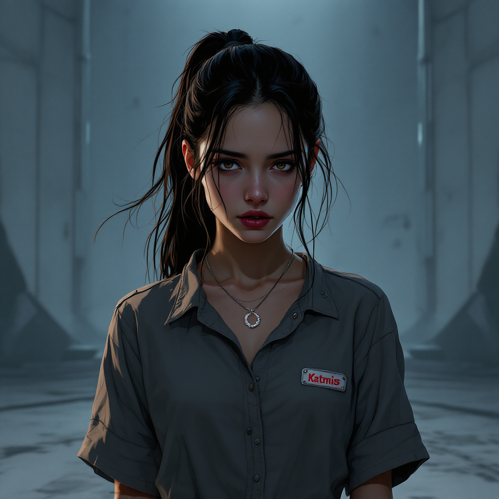 A young woman with long black hair is standing in a dimly lit, industrial setting. She wears a dark shirt with a name tag, gazing intensely as if ready to face a challenge.