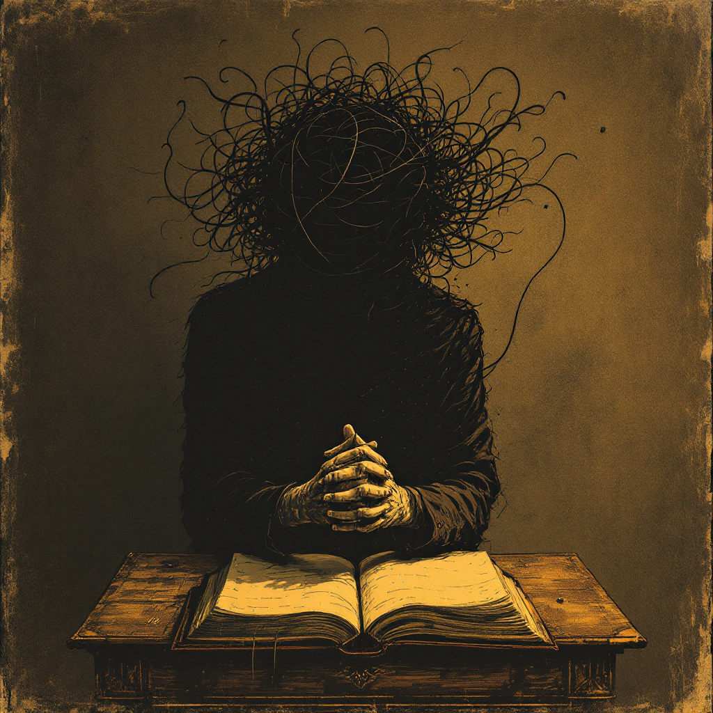 A shadowy figure with a tangle of vines for a head sits at a wooden table, hands clasped in contemplation, next to an open book, embodying the weight of choice and consequence.