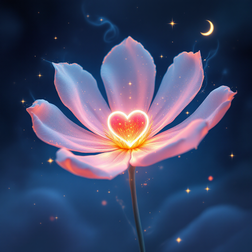 A luminous flower glows softly in a twilight setting, with a heart-shaped glow at its center, embodying the quote Life is a flower of which love is the honey.