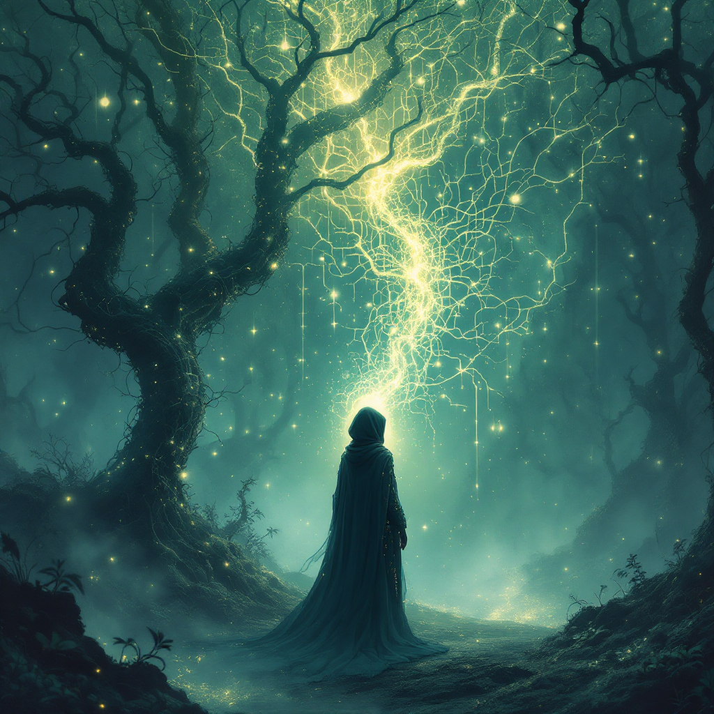 A cloaked figure stands in an ethereal forest, illuminated by vibrant, flowing lightning, surrounded by glowing orbs, symbolizing the journey of losing oneself to discover true belonging.