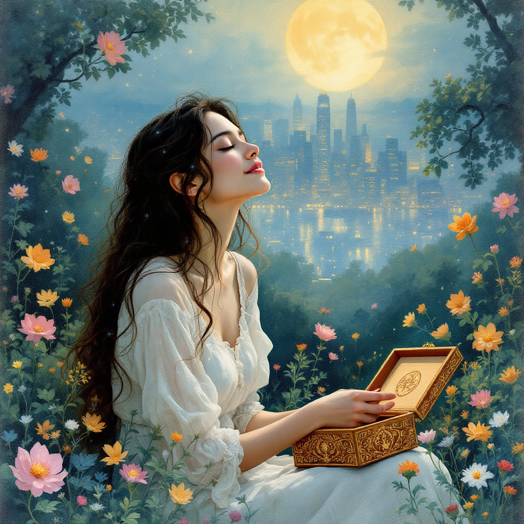 A contemplative woman sits in a flower-filled garden at night, gazing at a glowing moon while holding an ornate box, embodying the clarity found in exhaustion.