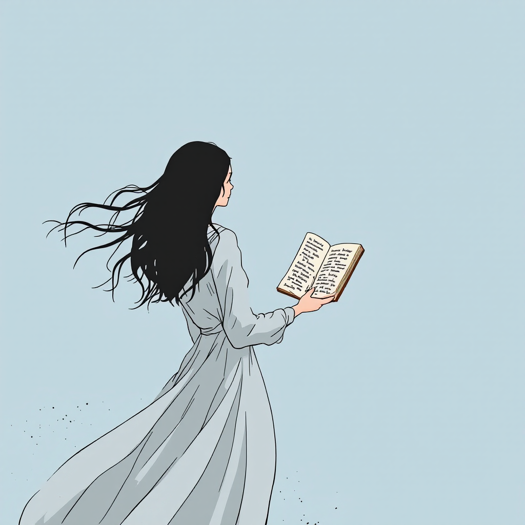 A figure in a flowing white dress walks away, holding an open book. Long hair billows in the wind, capturing the essence of the quote about the inevitability of truth.