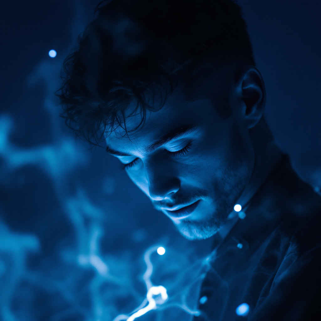 A contemplative young man with tousled hair gazes downward, surrounded by a surreal blue light reminiscent of energy, embodying the essence of I am Jack's complete lack of surprise.