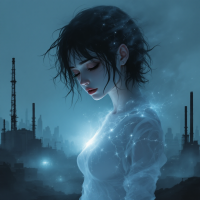 A contemplative figure with tousled hair gazes downward, surrounded by glowing stars against a backdrop of industrial silhouettes, embodying the tension of understanding and idealization.