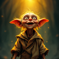 A joyful, small creature with oversized ears and wide eyes stands beneath a glowing light, embodying freedom and happiness, reminiscent of the quote, Dobby is free.