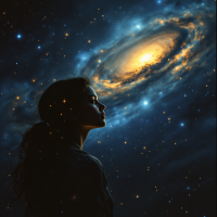 A silhouette of a woman gazes upward, contemplating a swirling galaxy filled with stars, embodying the quote that hope lights our path through the cosmos' darkness.