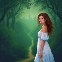 A young woman in a flowing white dress stands at the edge of a forest, holding a key, with a winding path leading to a distant city, embodying the theme of challenging societal rules for freedom.