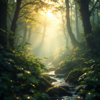 A serene forest scene in Zikola, where soft sunlight filters through trees, illuminating a gentle stream and lush greenery, embodying nature's harmonious rhythm.