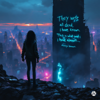 A figure stands on a rocky ledge, gazing at a neon-lit cityscape below. Glowing blue text on a nearby tower reads: They were all dead. This is what I have known. Always known.