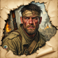 A rugged soldier with a tired expression and battle scars peers through ripped parchment, embodying the quote, A soldier is made in times of war, not in peace, amid a war-torn background.