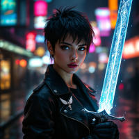 A fierce young woman with short black hair stands confidently in a neon-lit street, wielding a glowing sword, embodying the quote Hope is a weapon, and it can cut deep.