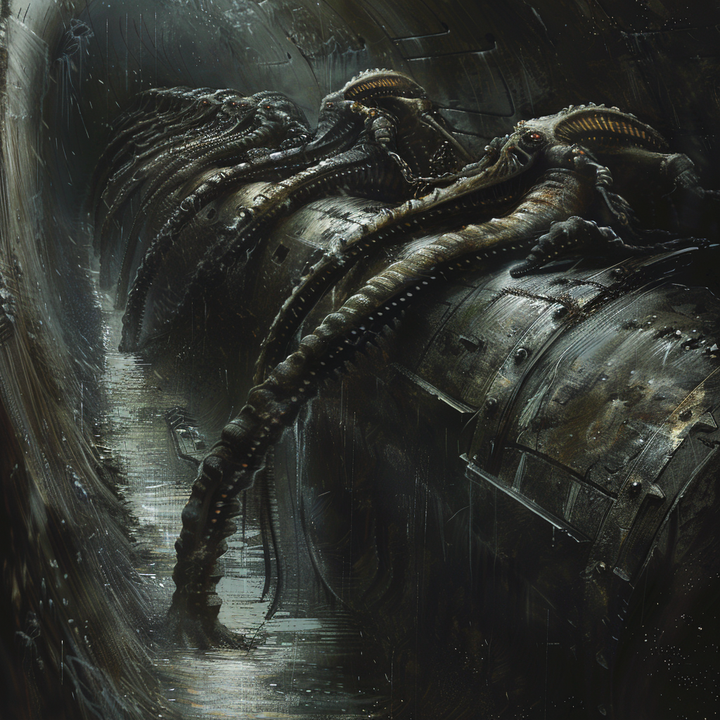 Image of worm-shaped aliens lounging in a sloped, tube-shaped spaceship bridge submerged in milky liquid, deeply engaged with their instrumentation.