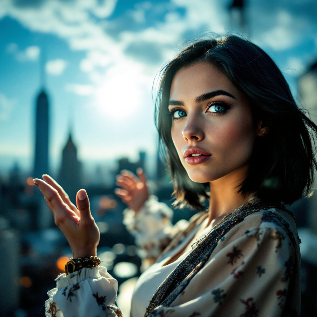 A young woman gestures gracefully against a breathtaking city skyline, with the sun illuminating her face, embodying the spirit of seizing opportunities.